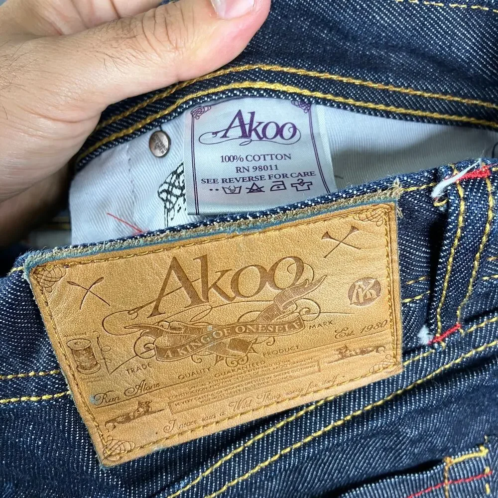 AKOO Jeans Womens Size 44 Dark Wash Cuffed Denim Relaxed Fit Streetwear Casual‎